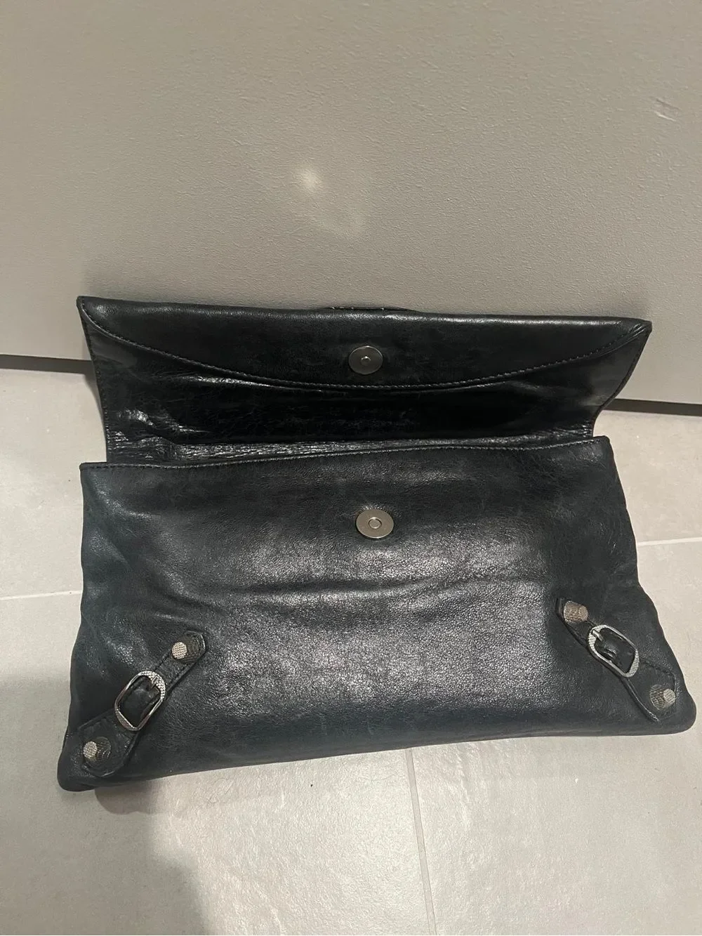 Balenciaga Black Leather Fold-Over Messenger Bag with Silver Hardware authentic